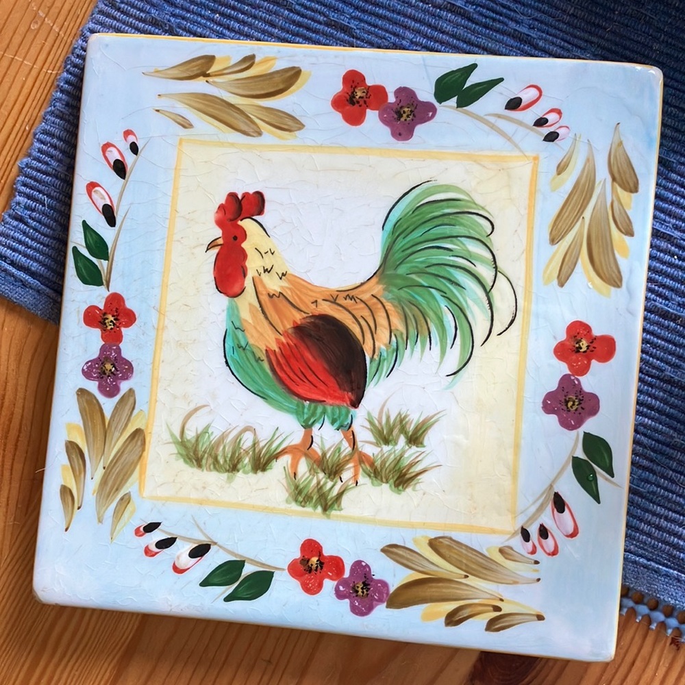Trivet Rooster Tile coaster square  farmhouse kitchen folk art painted